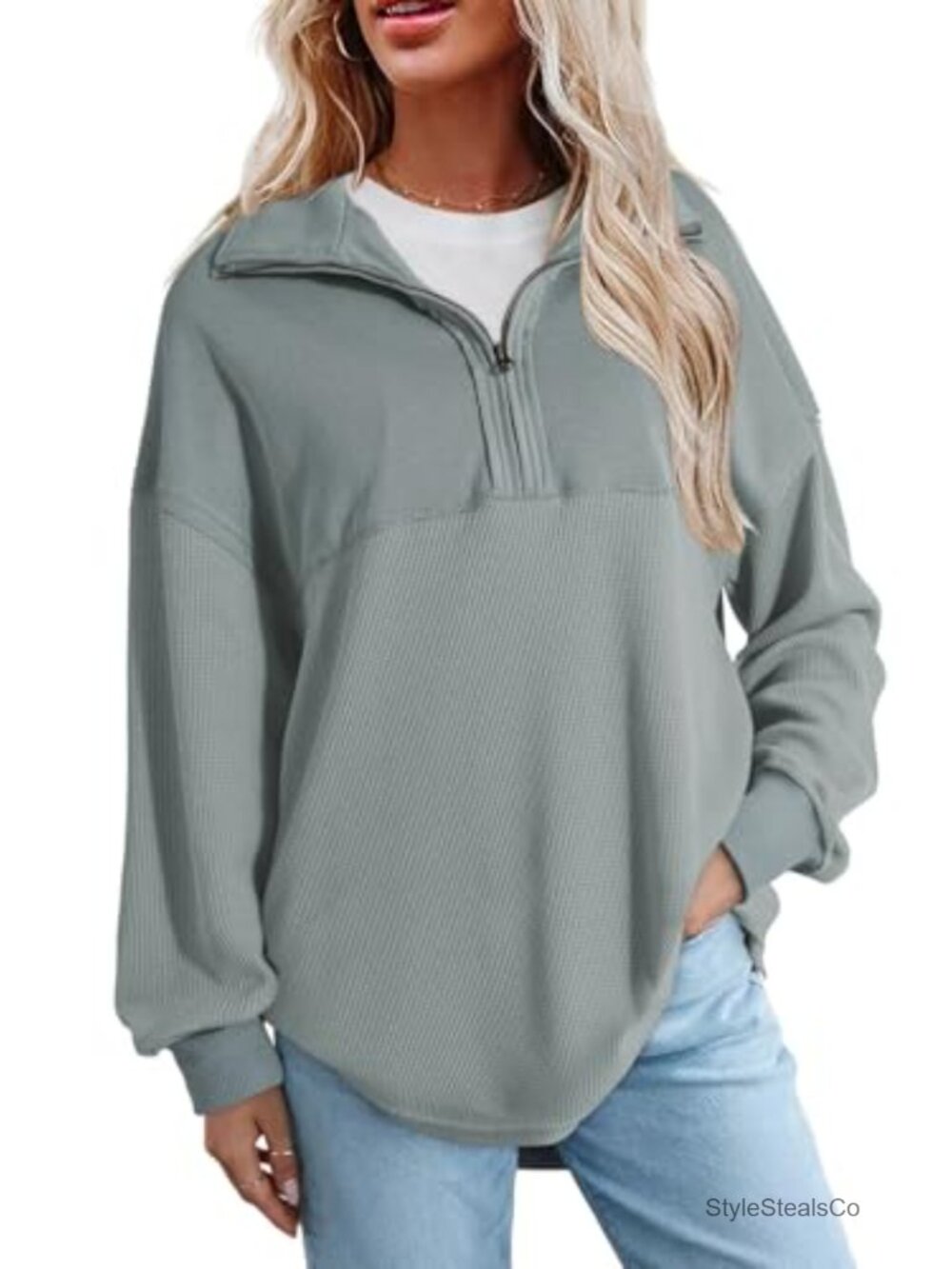 Women's Half Zip Pullover Sweatshirt Oversized Drop Shoulder